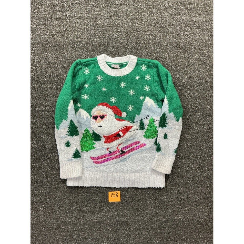Holiday Time Kids Green Santa Skiing Ugly Christmas Sweater Sequin Size M 7-8